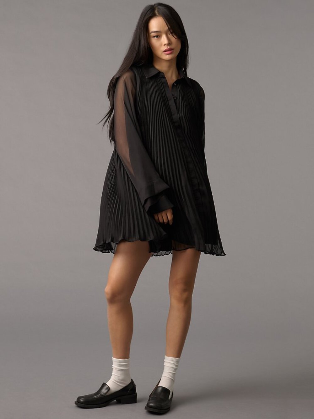Anthropologie Maeve Long Sleeve Pleated Mini Shirt Dress in Black - sz S